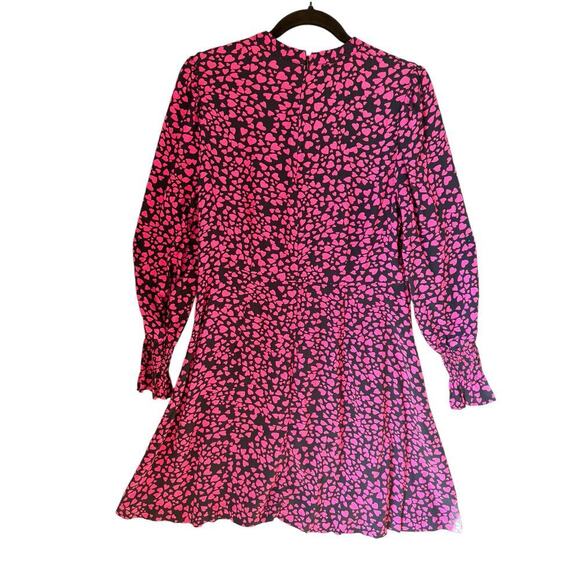 Loft Heart Print Long Sleeve Mini Dress Black Pink Smocked Cuffs Back Zip Small - Picture 2 of 7